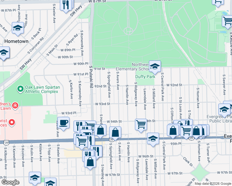 map of restaurants, bars, coffee shops, grocery stores, and more near 9219 South Springfield Avenue in Evergreen Park