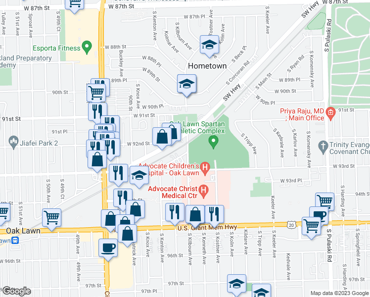 map of restaurants, bars, coffee shops, grocery stores, and more near 9200 South Kilbourn Avenue in Oak Lawn