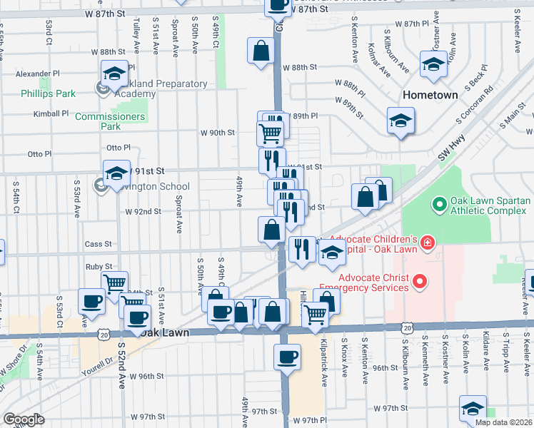 map of restaurants, bars, coffee shops, grocery stores, and more near 4828 92nd Street in Oak Lawn