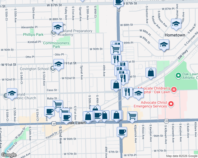map of restaurants, bars, coffee shops, grocery stores, and more near 4918 92nd Street in Oak Lawn