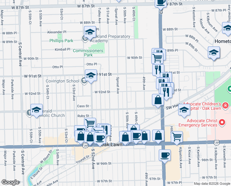 map of restaurants, bars, coffee shops, grocery stores, and more near 9157 Sproat Avenue in Oak Lawn