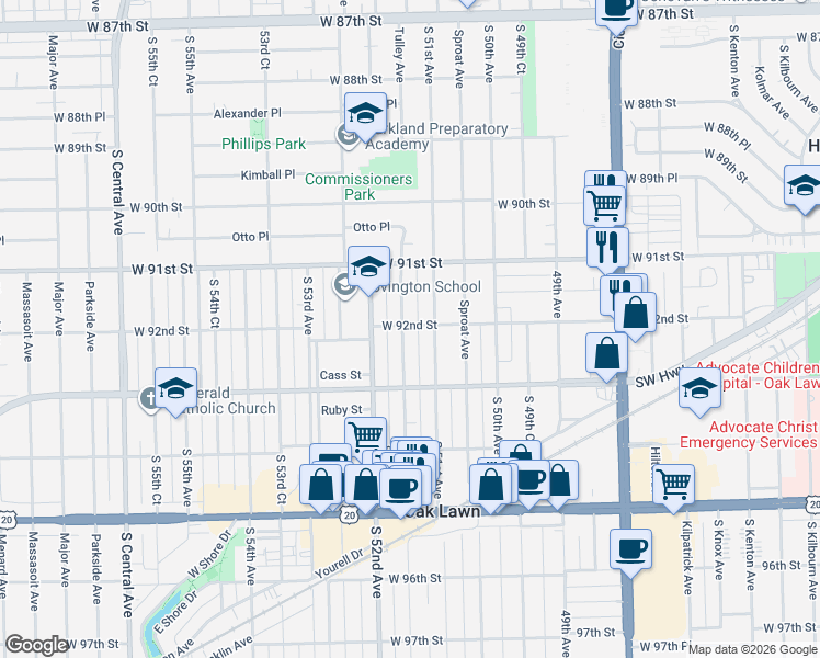 map of restaurants, bars, coffee shops, grocery stores, and more near 9146 South 51st Avenue in Oak Lawn