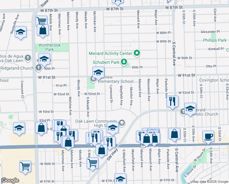 map of restaurants, bars, coffee shops, grocery stores, and more near 9031 Lynwood Drive in Oak Lawn