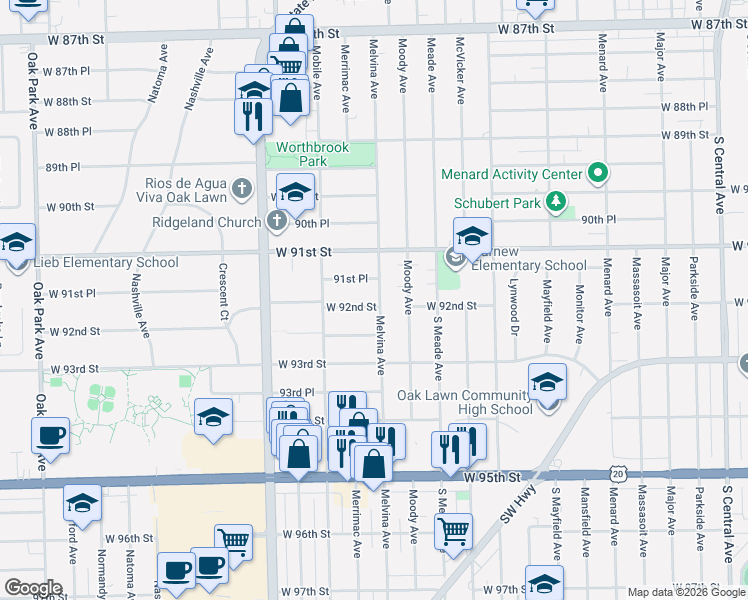 map of restaurants, bars, coffee shops, grocery stores, and more near 6202 Melvina Avenue in Oak Lawn