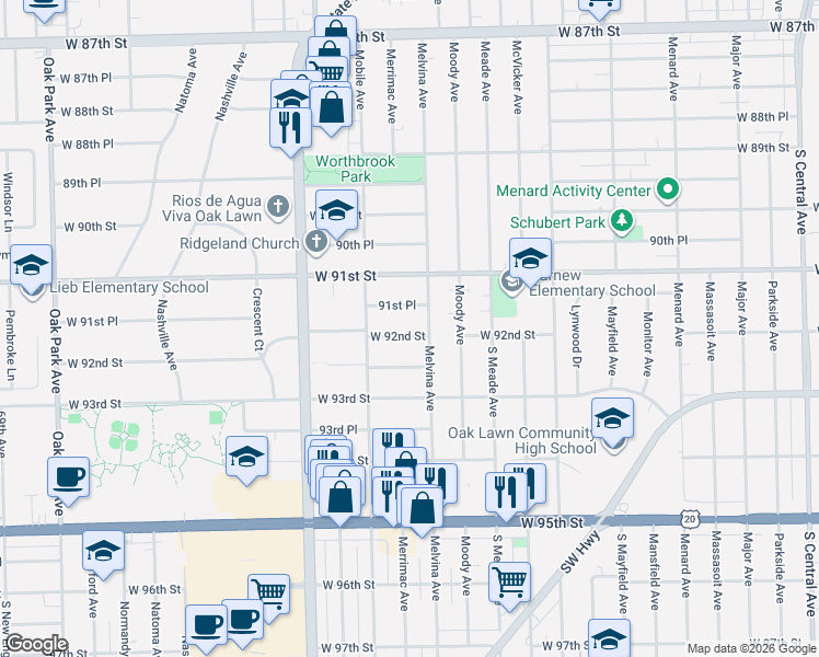 map of restaurants, bars, coffee shops, grocery stores, and more near 6202 Melvina Avenue in Oak Lawn