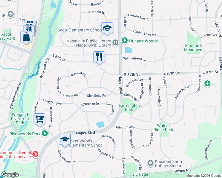 map of restaurants, bars, coffee shops, grocery stores, and more near 515 Cassin Road in Naperville