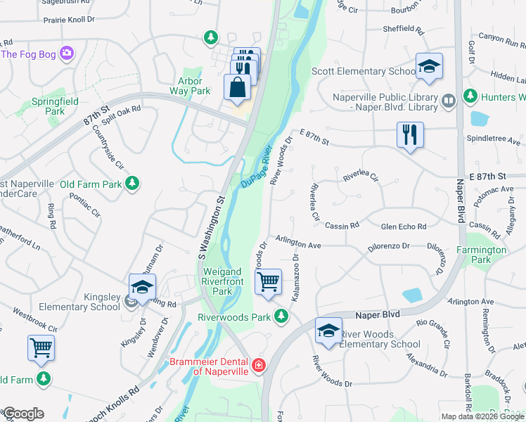 map of restaurants, bars, coffee shops, grocery stores, and more near 2261 River Woods Drive in Naperville