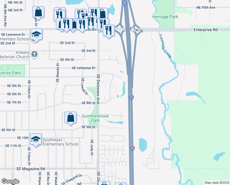 map of restaurants, bars, coffee shops, grocery stores, and more near 1201 Southeast Mill Pond Court in Ankeny