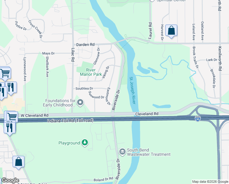 map of restaurants, bars, coffee shops, grocery stores, and more near 3500-3598 Eastmont Drive in South Bend