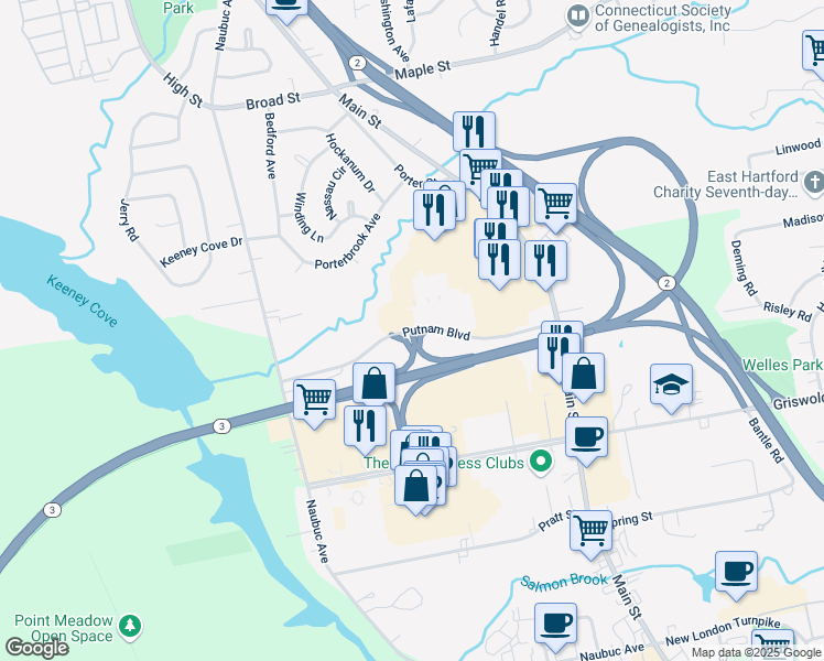map of restaurants, bars, coffee shops, grocery stores, and more near Putnam Boulevard in Glastonbury