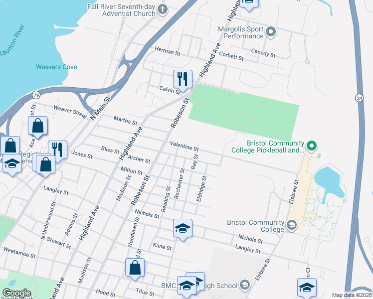 map of restaurants, bars, coffee shops, grocery stores, and more near 437 Valentine Street in Fall River