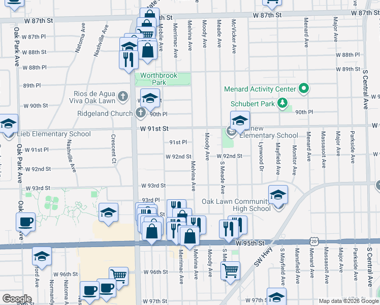 map of restaurants, bars, coffee shops, grocery stores, and more near 6202 Melvina Avenue in Oak Lawn