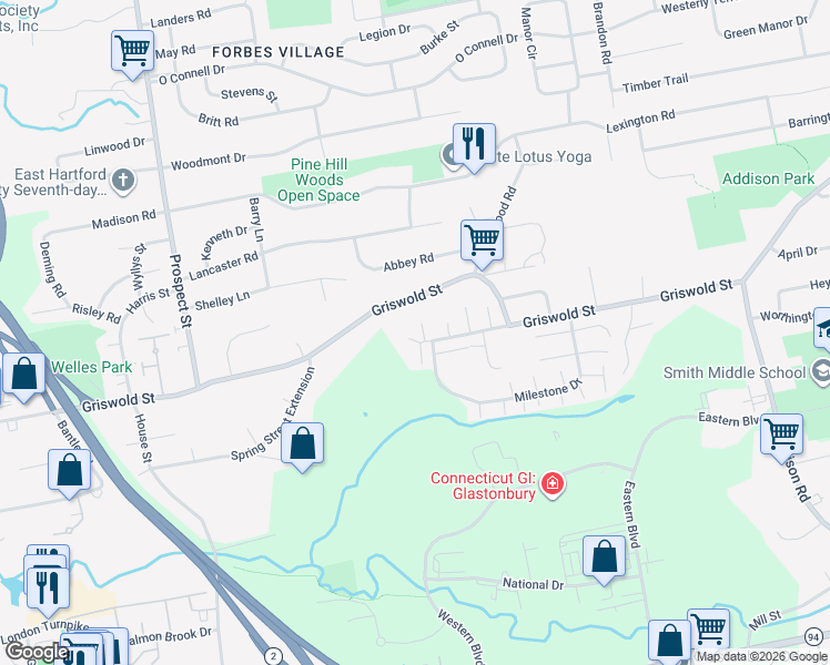 map of restaurants, bars, coffee shops, grocery stores, and more near 2 Boxwood Lane in Glastonbury