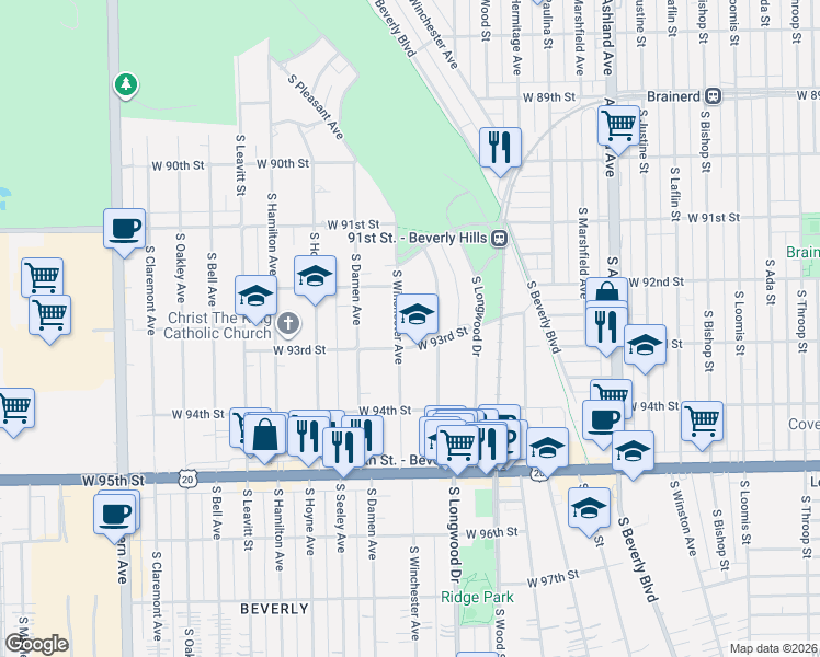 map of restaurants, bars, coffee shops, grocery stores, and more near 9231 South Winchester Avenue in Chicago