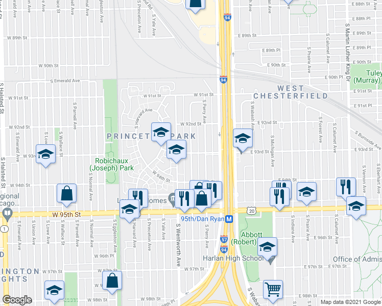 map of restaurants, bars, coffee shops, grocery stores, and more near W 93rd St & S La Salle St in Chicago