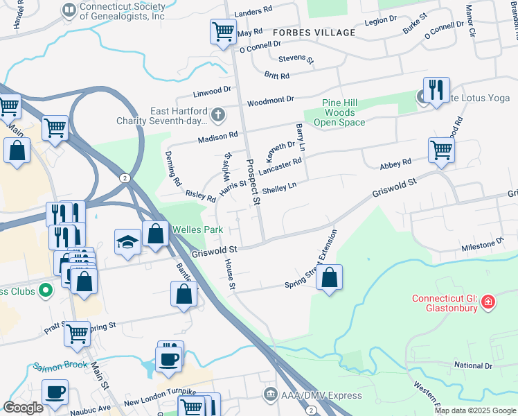 map of restaurants, bars, coffee shops, grocery stores, and more near 48 Prospect Street in Glastonbury