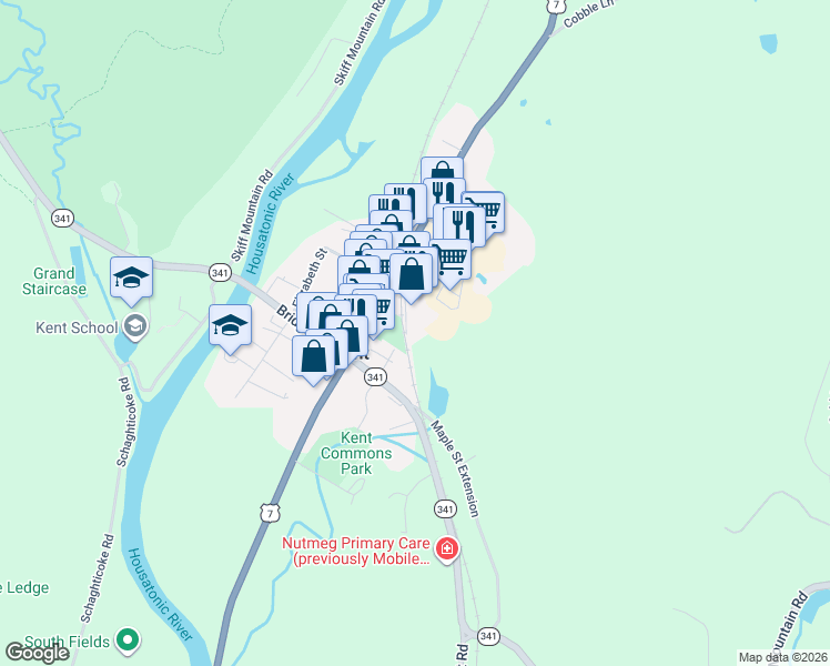 map of restaurants, bars, coffee shops, grocery stores, and more near 27 Railroad Street in Kent