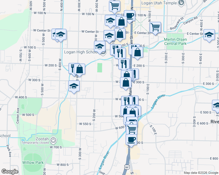 map of restaurants, bars, coffee shops, grocery stores, and more near 335 South 100 West in Logan