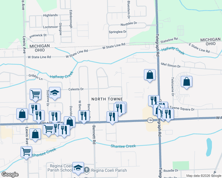 map of restaurants, bars, coffee shops, grocery stores, and more near 317 Celesta Drive in Toledo