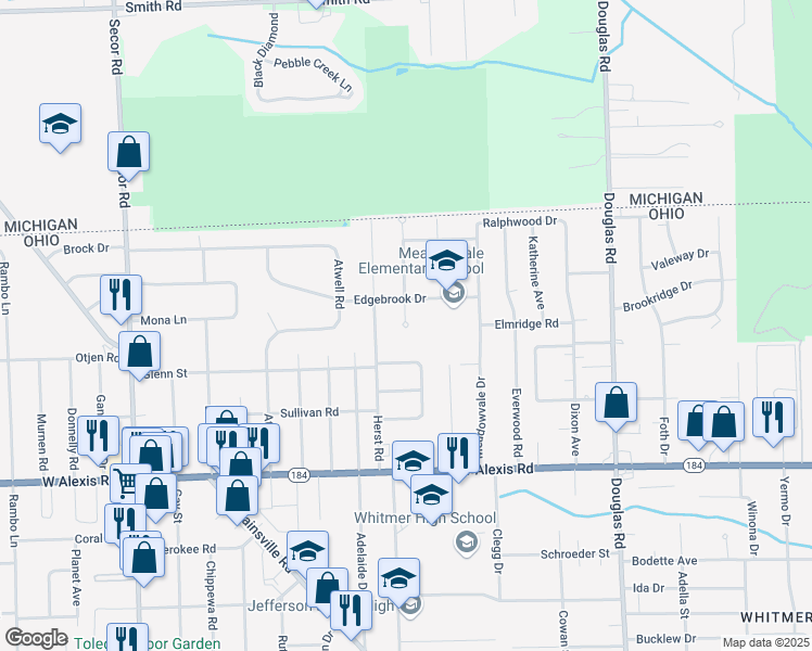 map of restaurants, bars, coffee shops, grocery stores, and more near 6027 Larchway Court in Toledo
