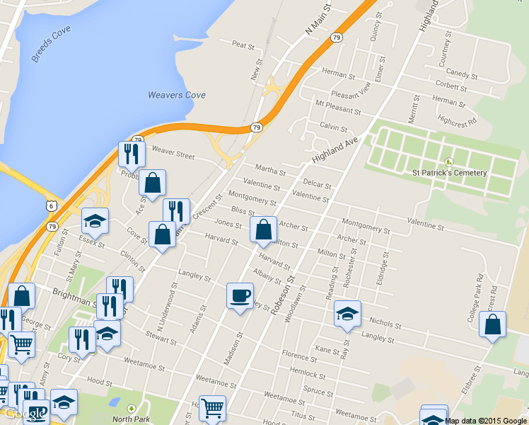 map of restaurants, bars, coffee shops, grocery stores, and more near 168 Bliss Street in Fall River