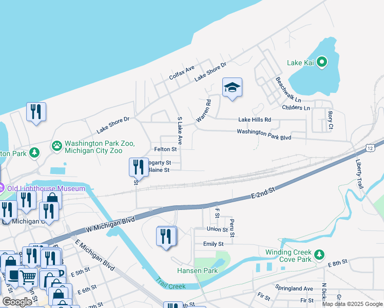 map of restaurants, bars, coffee shops, grocery stores, and more near 301-309 Felton Street in Michigan City