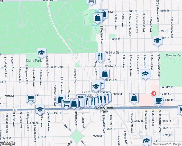 map of restaurants, bars, coffee shops, grocery stores, and more near 9216 South Sawyer Avenue in Evergreen Park