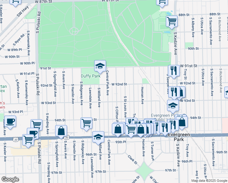map of restaurants, bars, coffee shops, grocery stores, and more near 9216 South Clifton Park Avenue in Evergreen Park