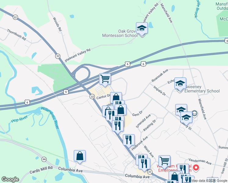 map of restaurants, bars, coffee shops, grocery stores, and more near Cameo Drive in Windham