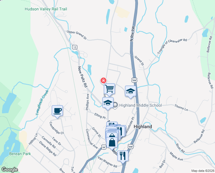 map of restaurants, bars, coffee shops, grocery stores, and more near 28 North Road in Highland