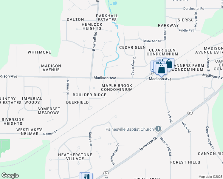 map of restaurants, bars, coffee shops, grocery stores, and more near 1318 Madison Avenue in Painesville