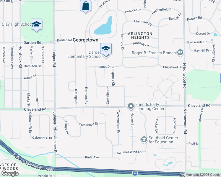 map of restaurants, bars, coffee shops, grocery stores, and more near 18552 South Cypress Circle in South Bend