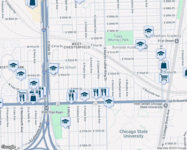 map of restaurants, bars, coffee shops, grocery stores, and more near 9301 South Forest Avenue in Chicago