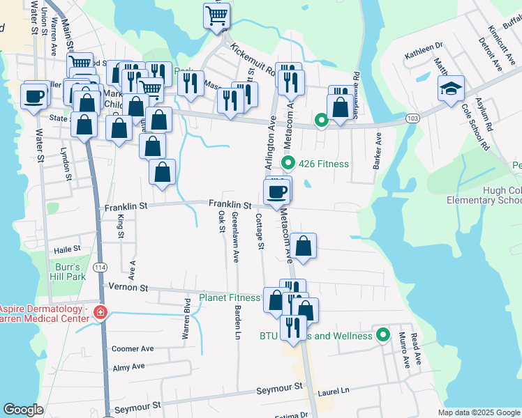 map of restaurants, bars, coffee shops, grocery stores, and more near 1 Drysdale Street in Warren