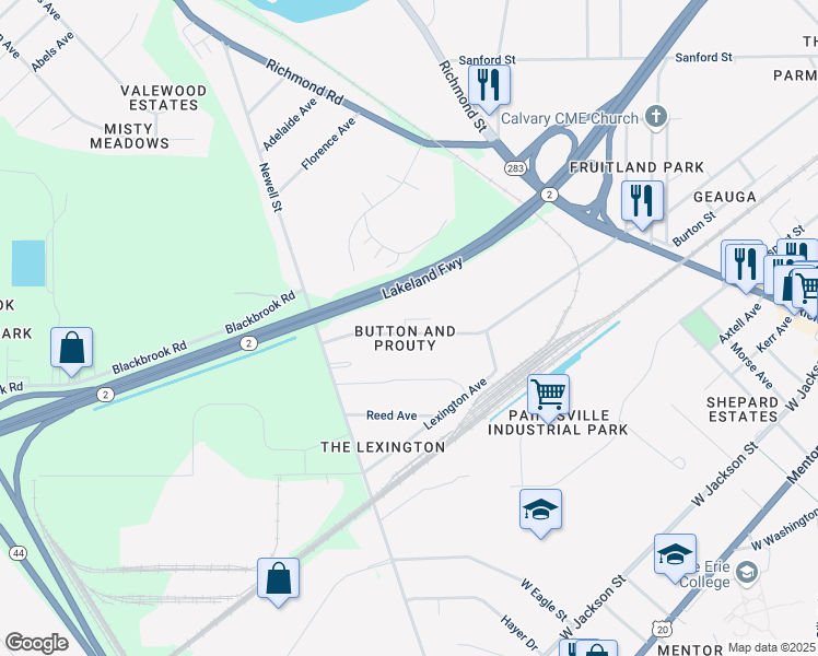 map of restaurants, bars, coffee shops, grocery stores, and more near 364 Button Avenue in Painesville