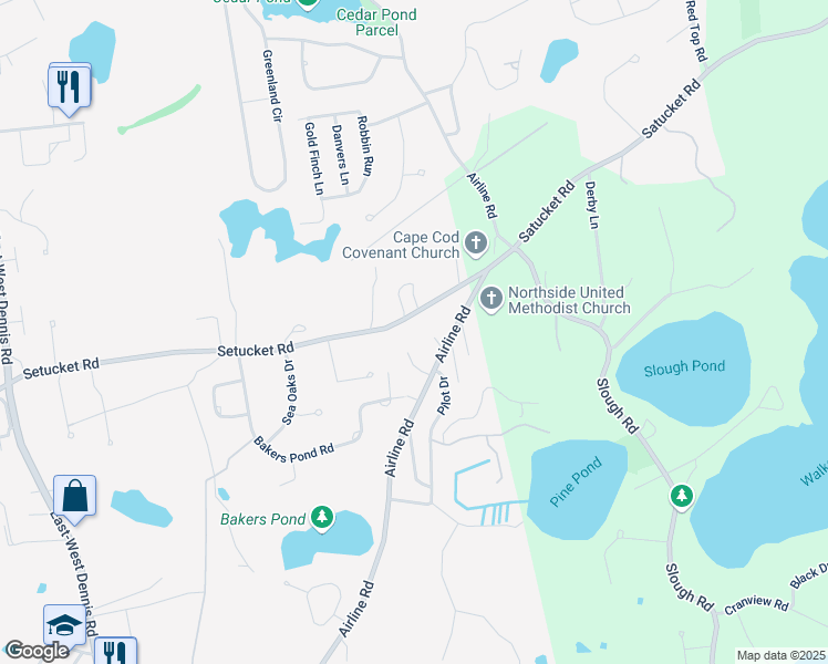 map of restaurants, bars, coffee shops, grocery stores, and more near 629 Setucket Road in Dennis