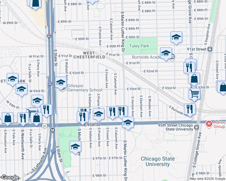 map of restaurants, bars, coffee shops, grocery stores, and more near 9301 South Forest Avenue in Chicago