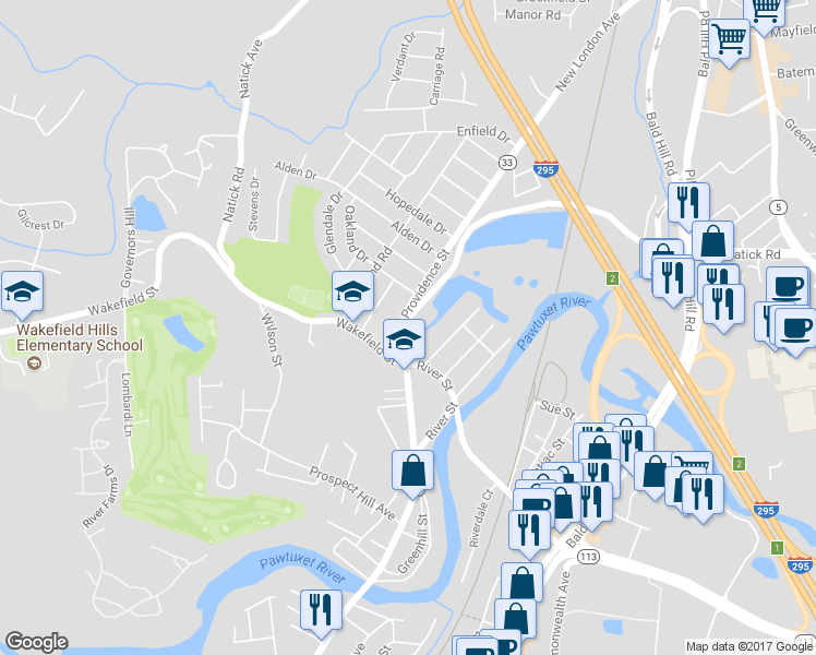 map of restaurants, bars, coffee shops, grocery stores, and more near 865 Providence Street in West Warwick