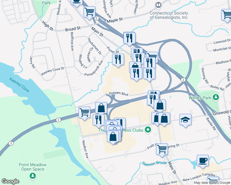 map of restaurants, bars, coffee shops, grocery stores, and more near Putnam Boulevard in Glastonbury