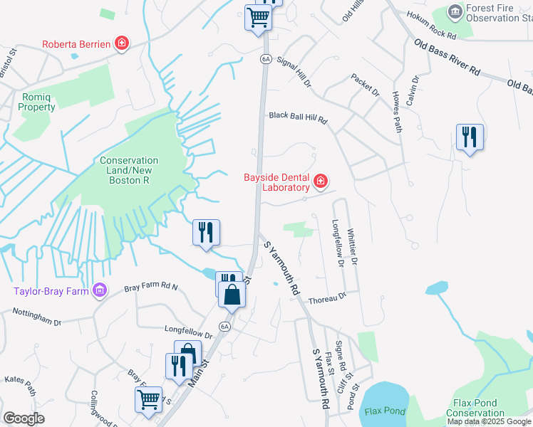 map of restaurants, bars, coffee shops, grocery stores, and more near 15 Apple Lane in Dennis
