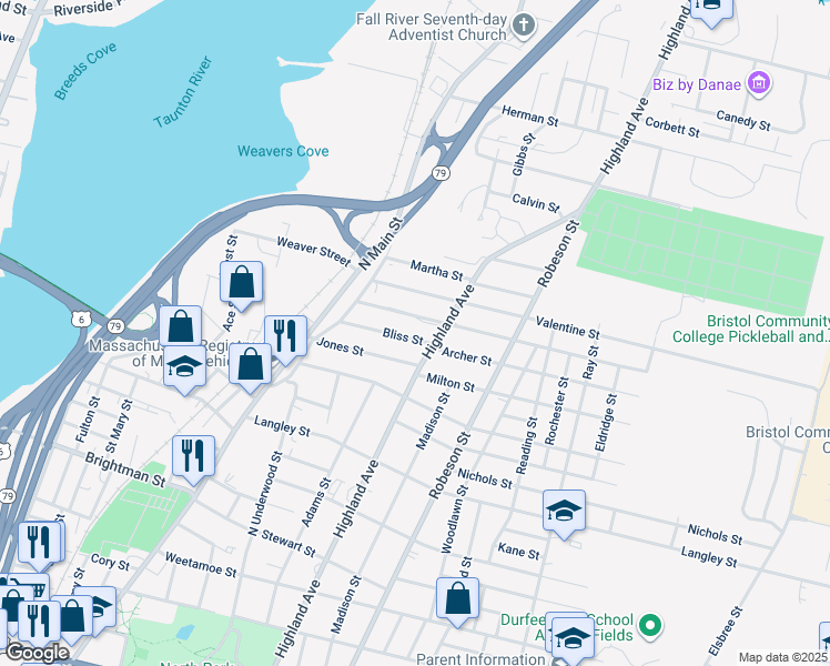 map of restaurants, bars, coffee shops, grocery stores, and more near 168 Bliss Street in Fall River