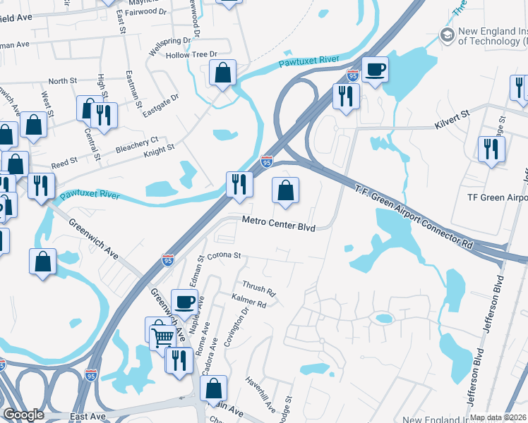 map of restaurants, bars, coffee shops, grocery stores, and more near 268 Metro Center Boulevard in Warwick
