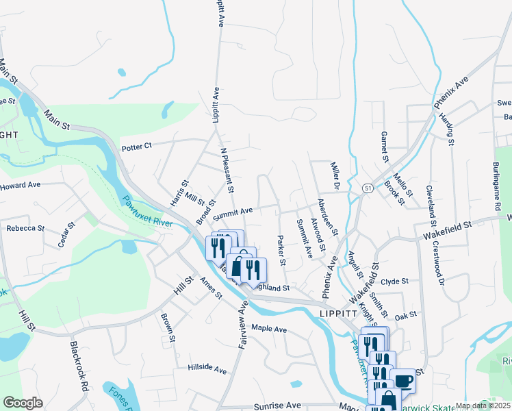 map of restaurants, bars, coffee shops, grocery stores, and more near 97 Summit Avenue in West Warwick