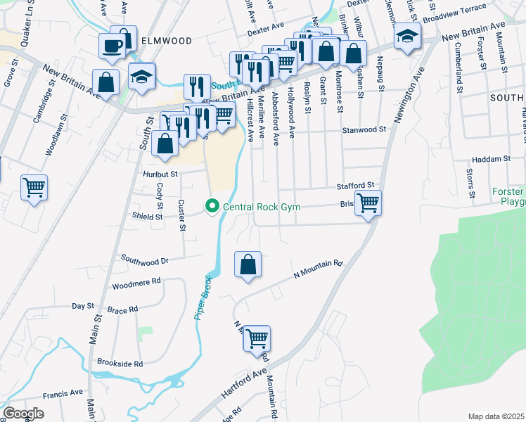 map of restaurants, bars, coffee shops, grocery stores, and more near 124 Hillcrest Avenue in West Hartford