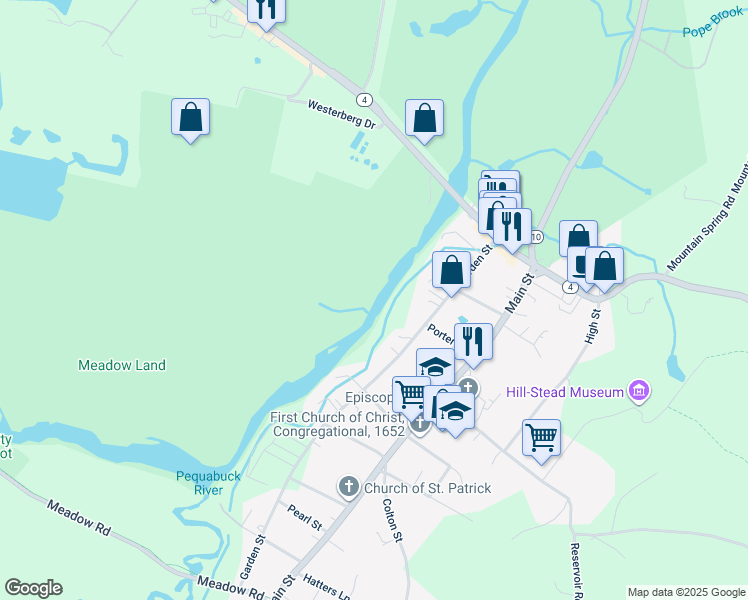 map of restaurants, bars, coffee shops, grocery stores, and more near 70 Garden Street in Farmington
