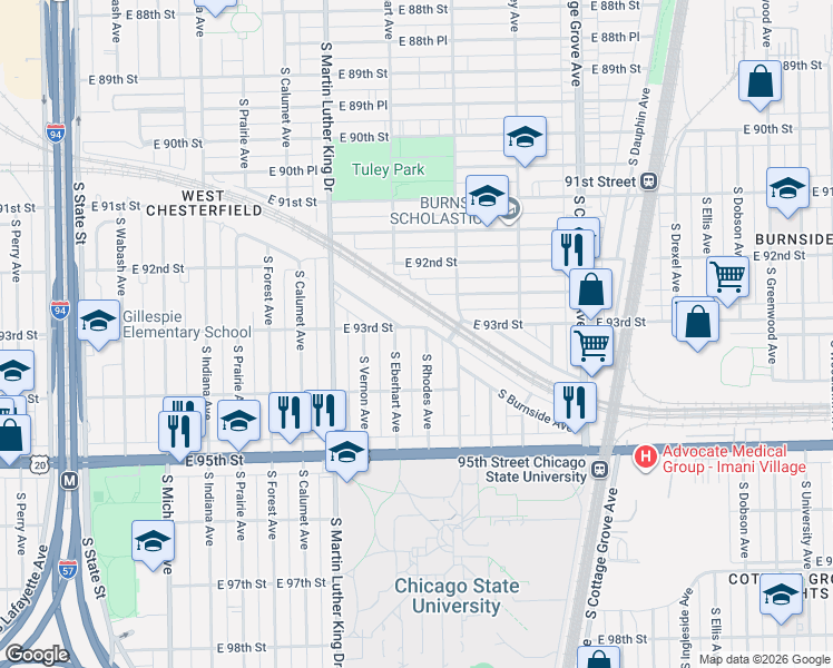 map of restaurants, bars, coffee shops, grocery stores, and more near 9300 South Burnside Avenue in Chicago