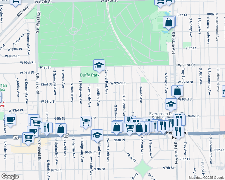 map of restaurants, bars, coffee shops, grocery stores, and more near 9216 South Clifton Park Avenue in Evergreen Park