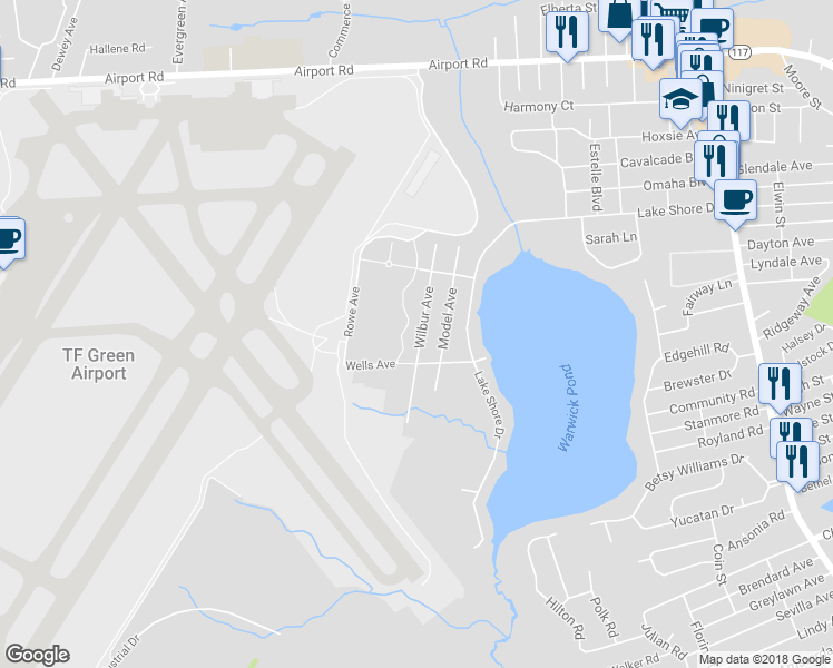 map of restaurants, bars, coffee shops, grocery stores, and more near 97 Wilbur Avenue in Warwick