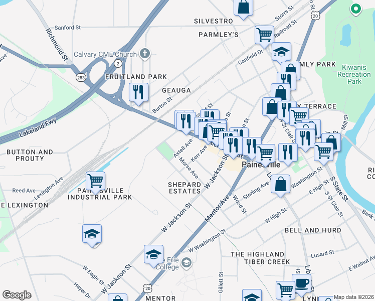 map of restaurants, bars, coffee shops, grocery stores, and more near 49 Axtell Ave in Painesville