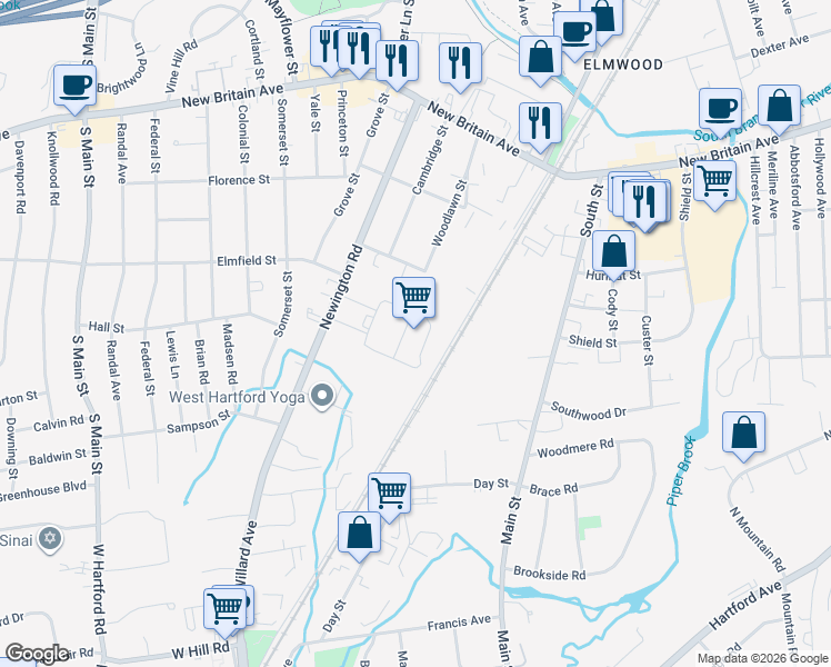 map of restaurants, bars, coffee shops, grocery stores, and more near 176 Newington Road in West Hartford